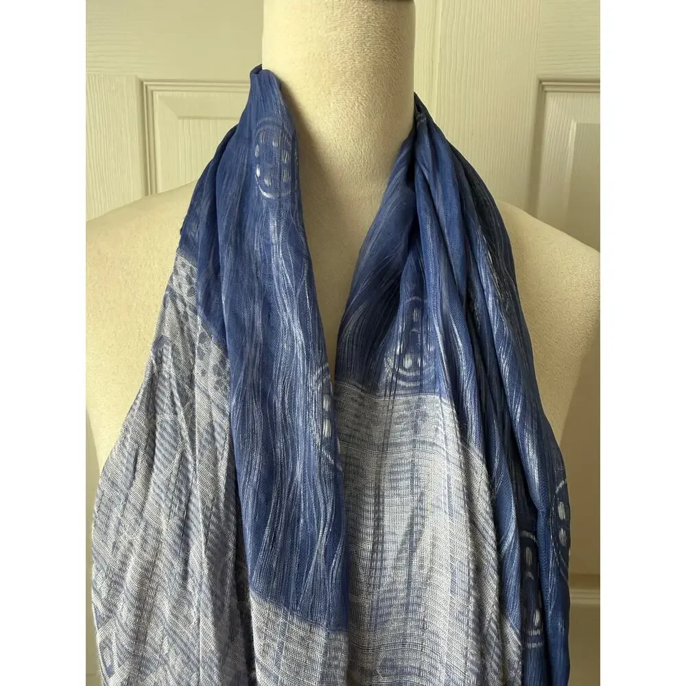 Vintage Y2K Silk Gauze Scarf Crinkle Floating Threads Artsy Wrap Periwinkle Blue